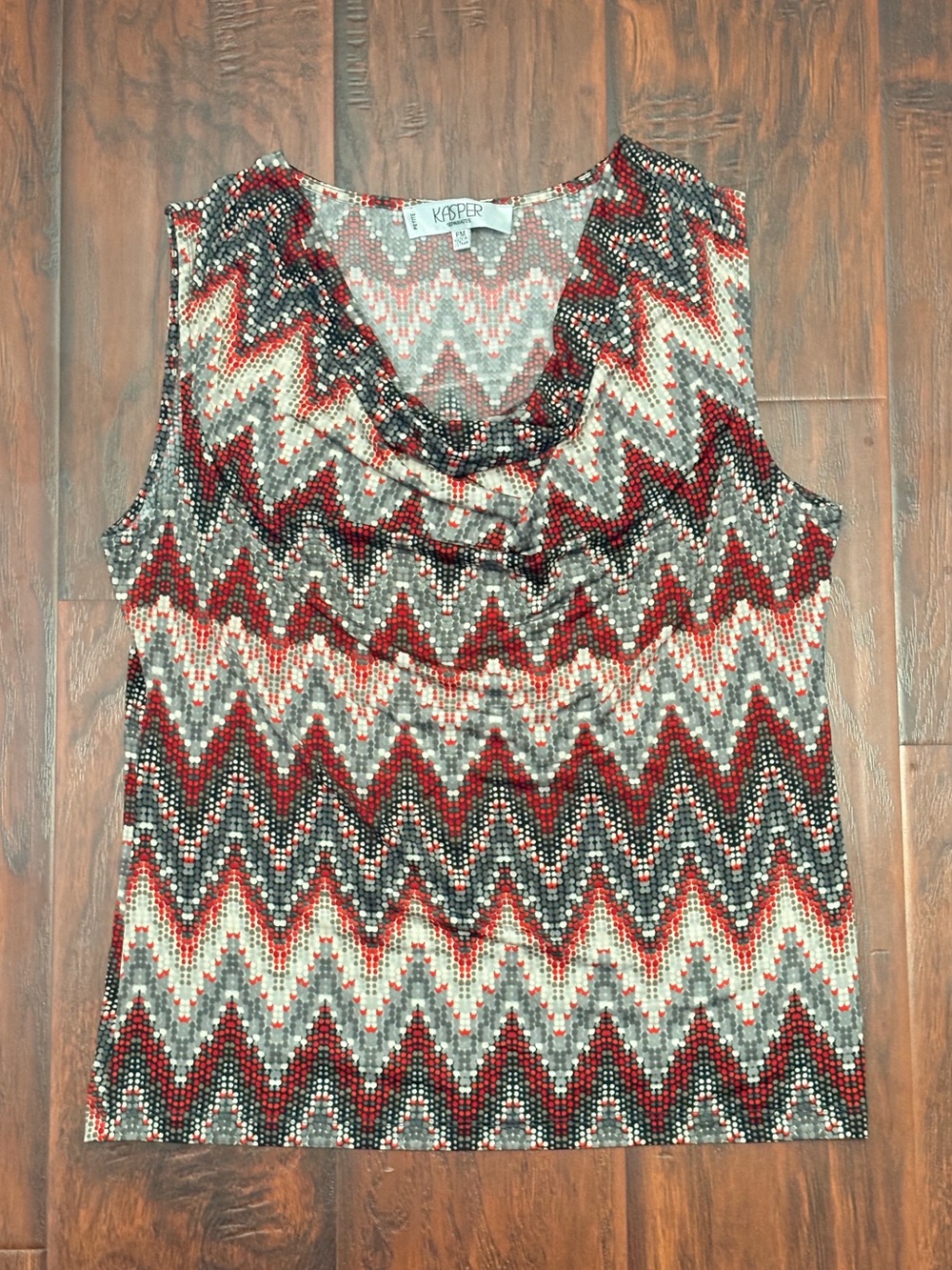 Kasper Petite PM Sleeveless Cowl Neck Geometric Print Top Red Gray Black